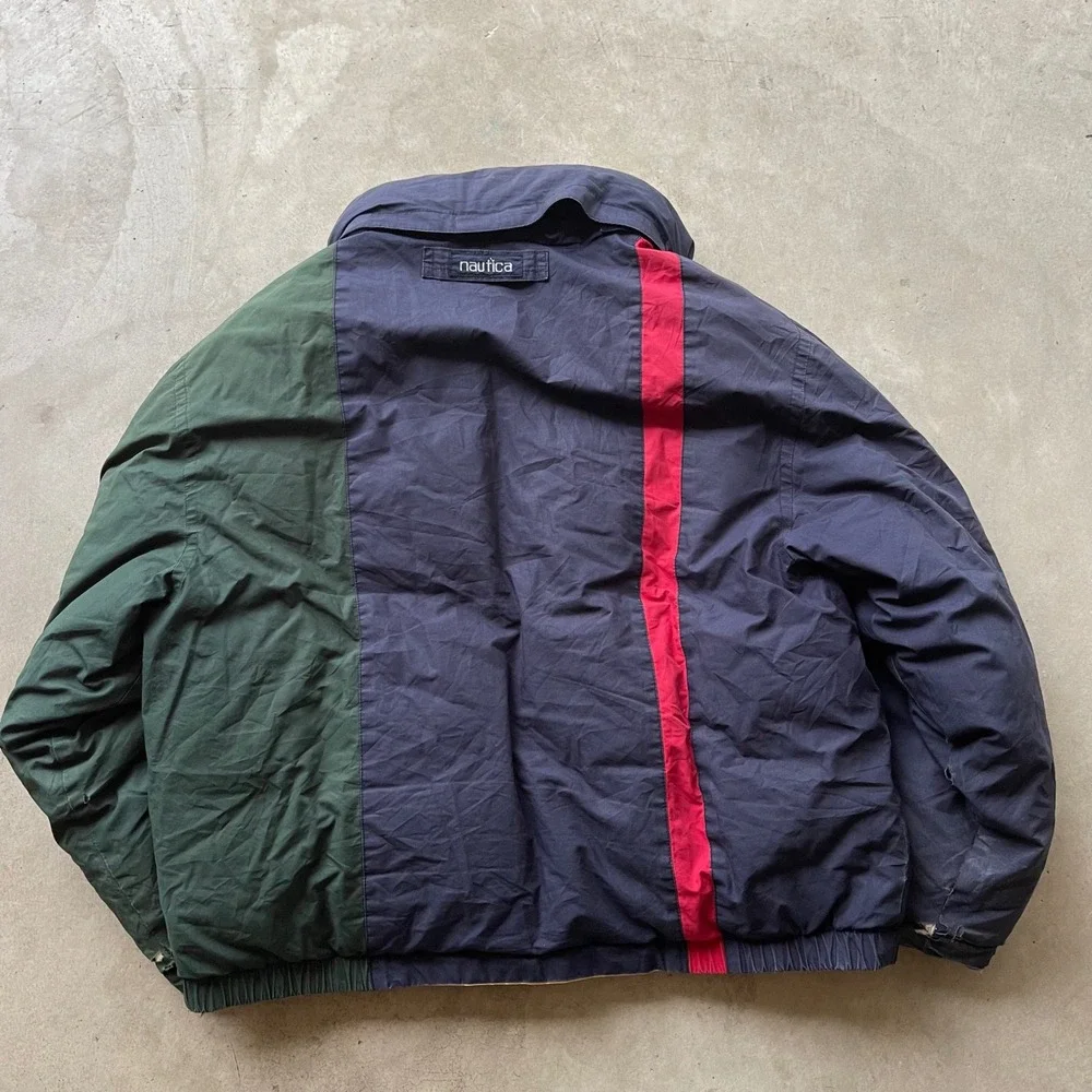 Vintage Nautica Reversible Puffer Jacket Navy Green Yellow Down Men Small S